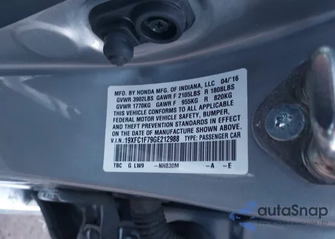 2016 Honda Civic Ex-L z USA, uszkodzony, nr VIN 19XFC1F79GE212988